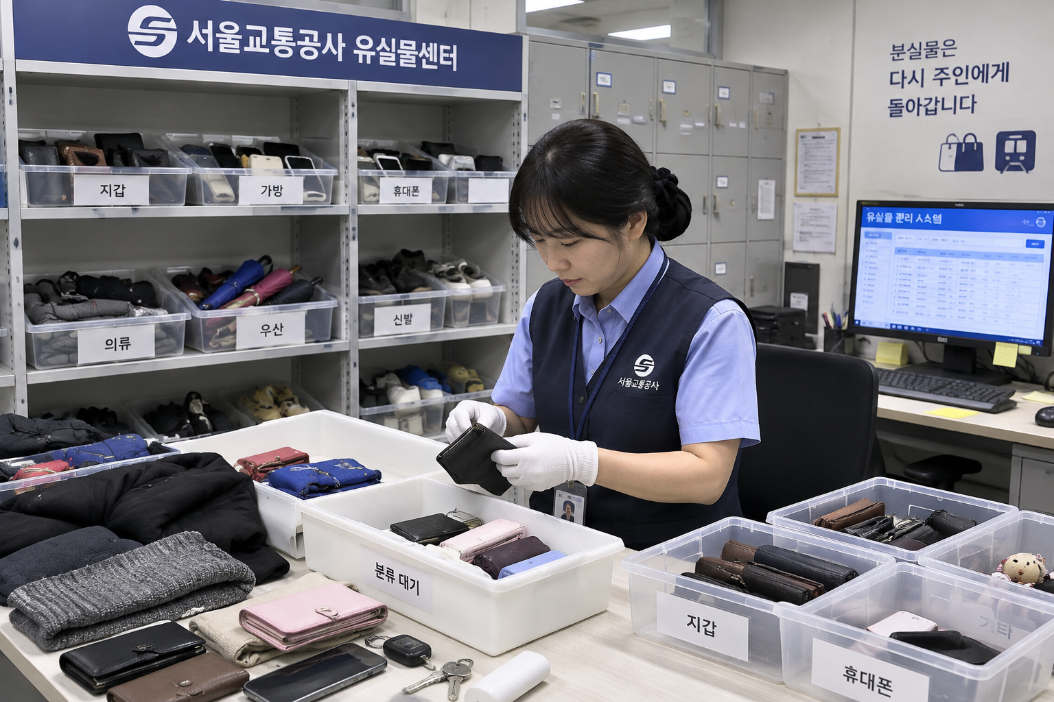 서울 지하철 유실물 센터에서 분실물을 분류하는 역무원