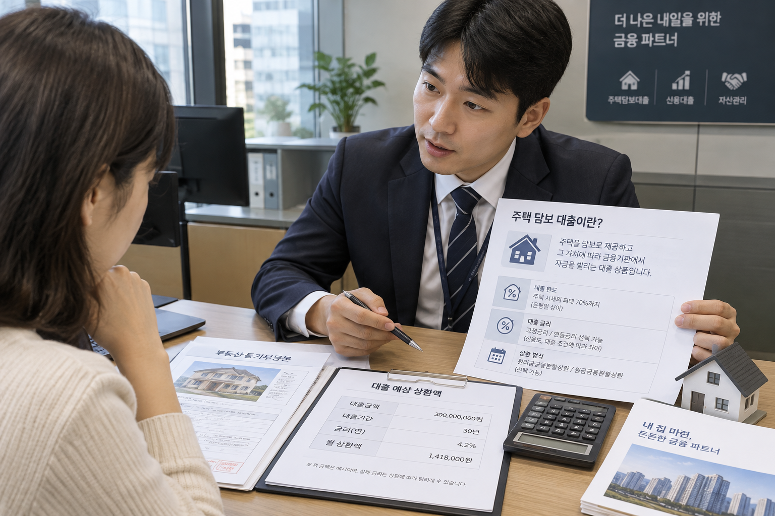 금융 상담 중인 사람이 주택 담보 대출 서류를 확인하는 모습
