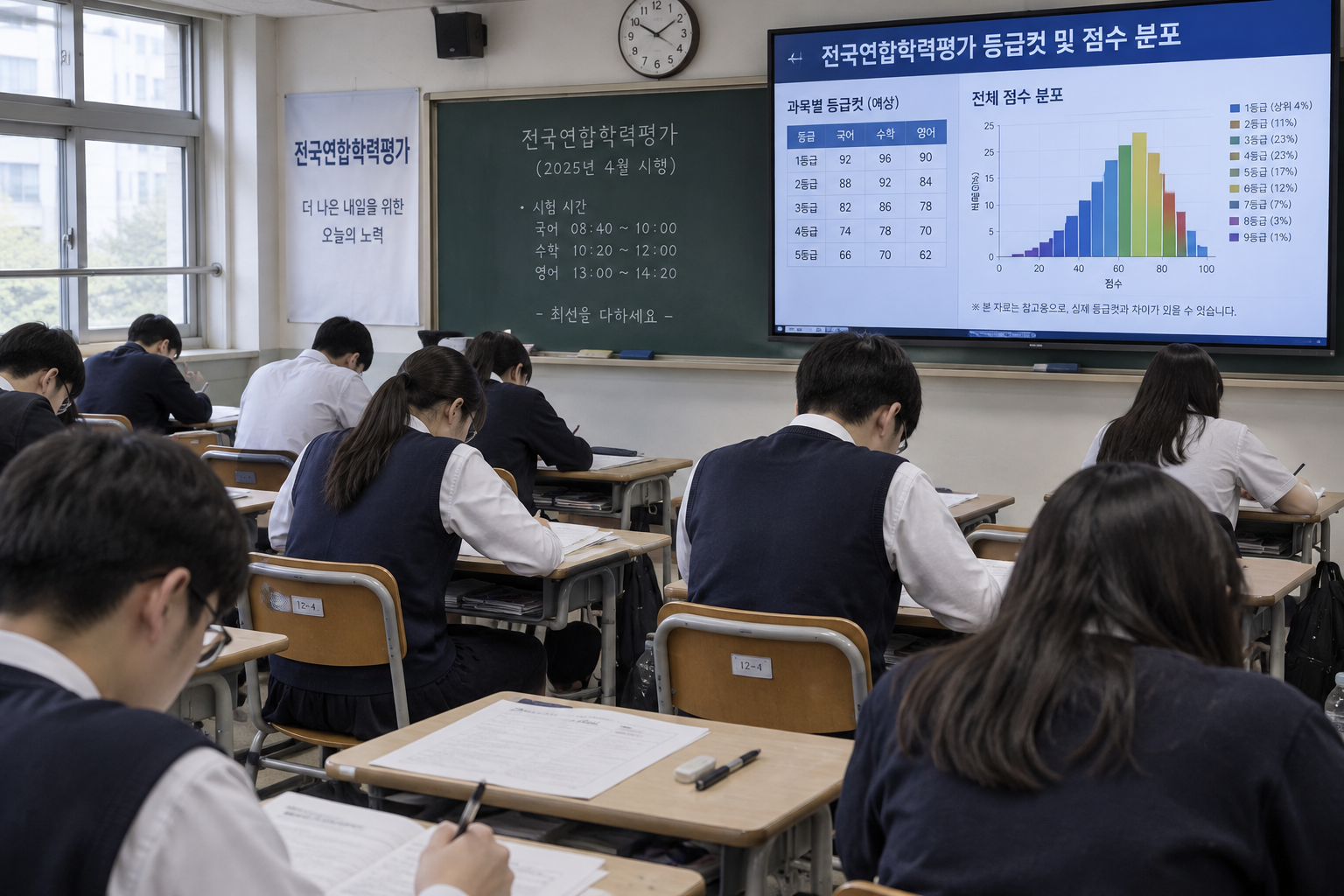 전국연합학력평가 시험 중인 학생들과 등급컷 그래프