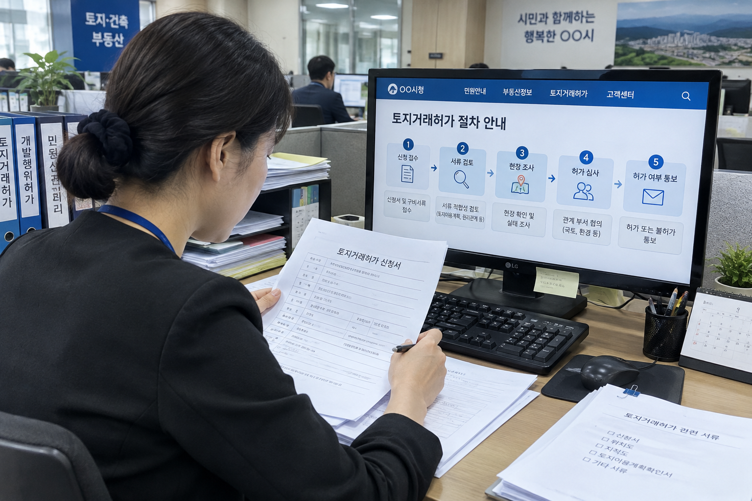 토지거래허가 신청서 검토하는 관공서 직원