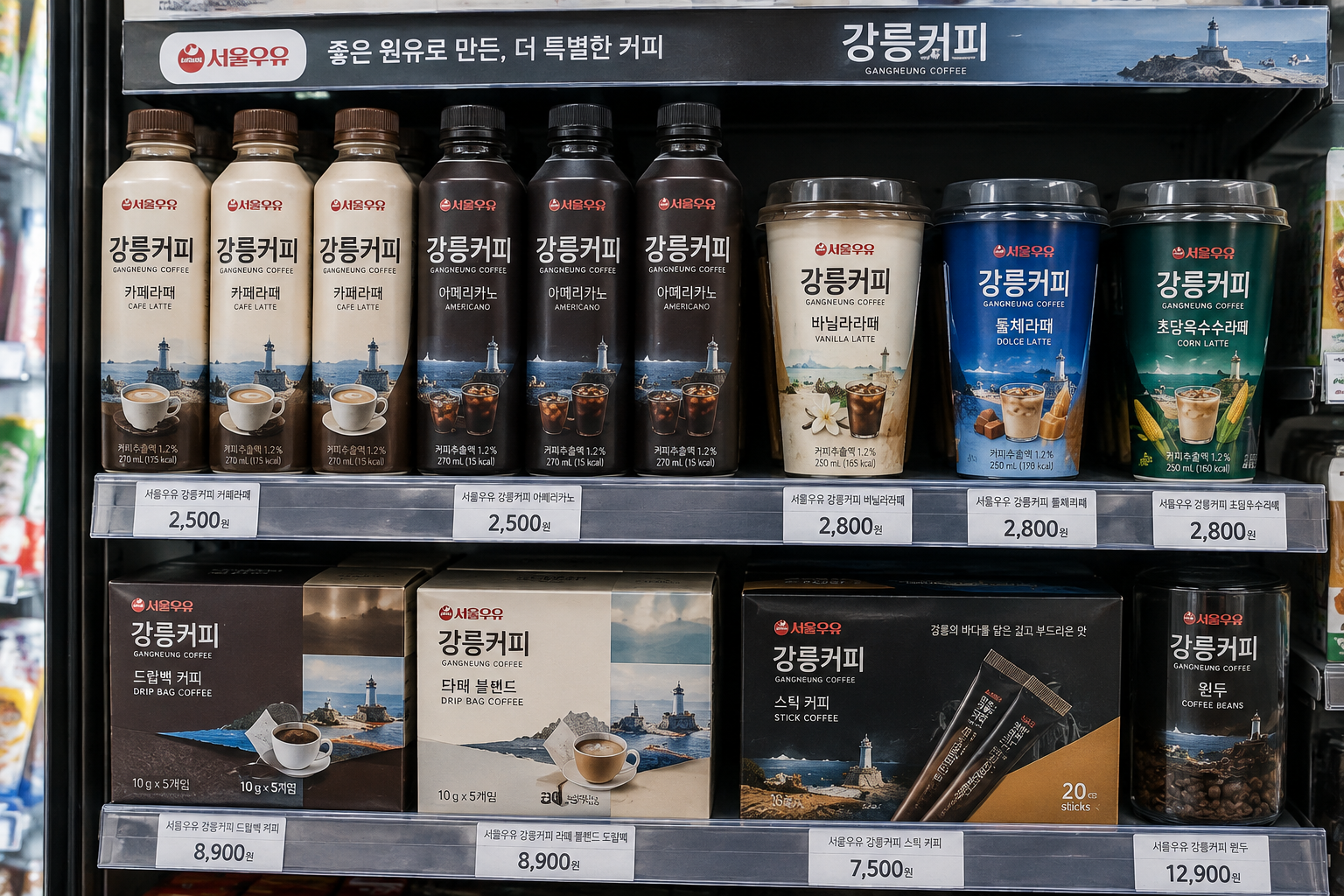 편의점에서 진열된 다양한 강릉커피 제품들