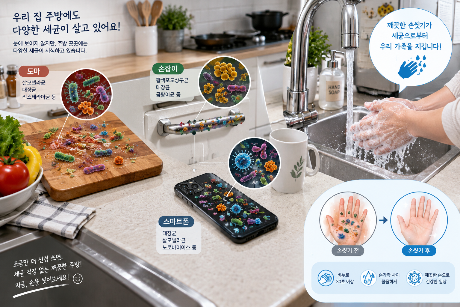 가정 주방의 여러 표면에 서식하는 세균을 시각화한 장면
